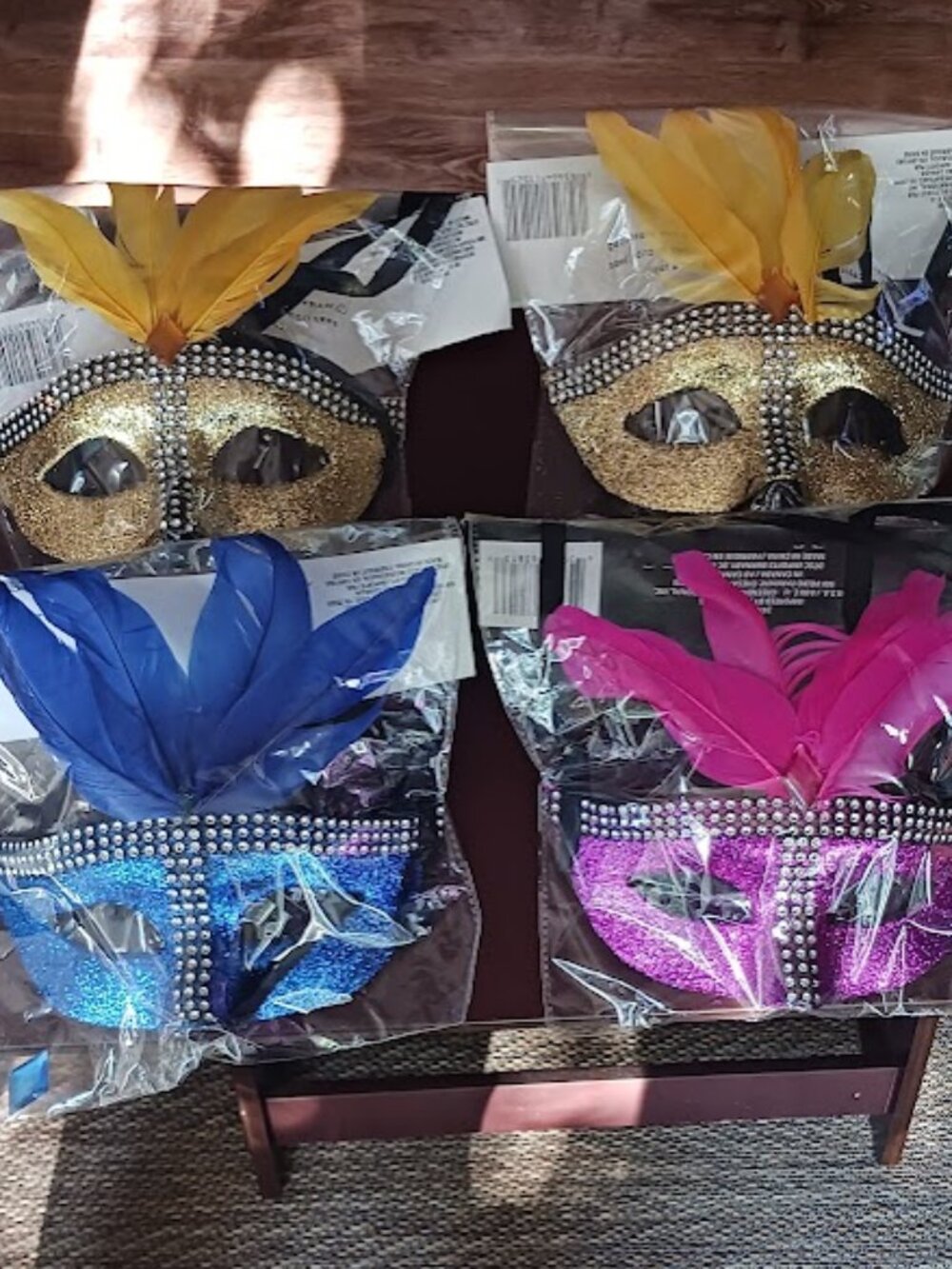 Glittered Masquerade Masks (4) adorned with Rhinestones , and Feathers